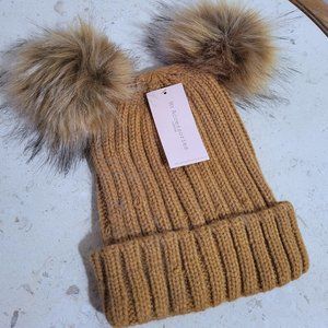 My Accessories London Knitted Double Fur Pom Beanie in Toffee Brown NWT